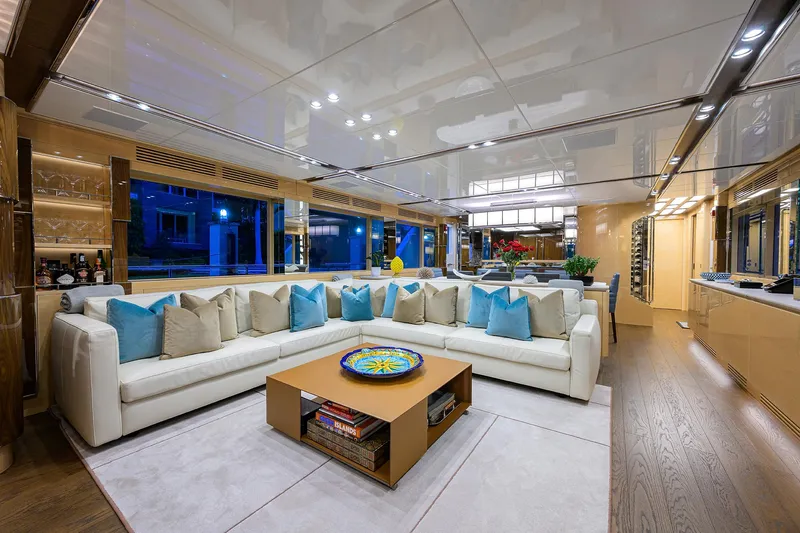 Uptight Yacht Photos Pics Luxurious interior of 2022 Cantiere Delle Marche Darwin 106 yacht with elegant seating and decor.