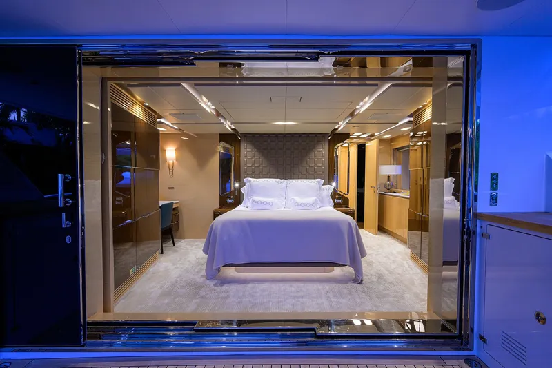 Uptight Yacht Photos Pics Luxurious bedroom interior of 2022 Cantiere Delle Marche Darwin 106 yacht.
