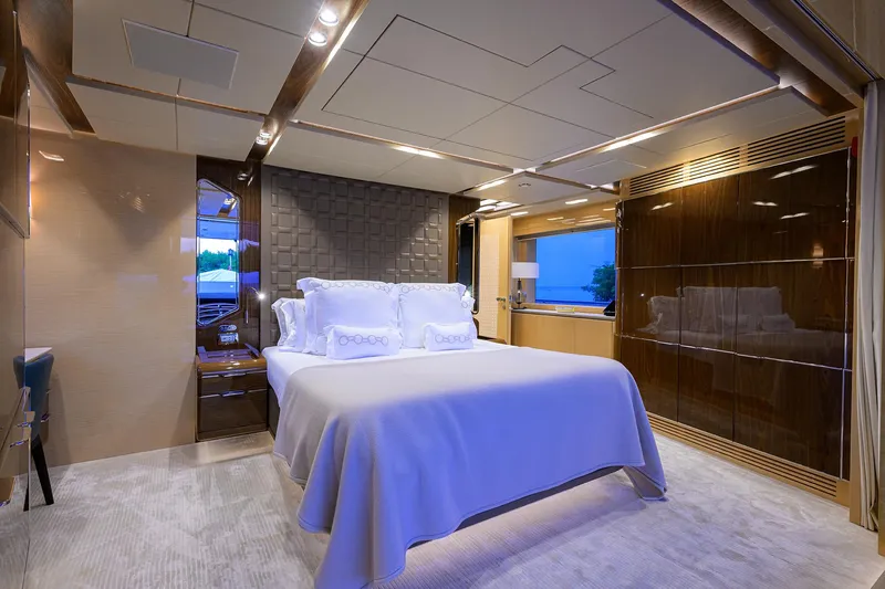 Uptight Yacht Photos Pics Luxurious bedroom interior of 2022 Cantiere Delle Marche Darwin 106 yacht.