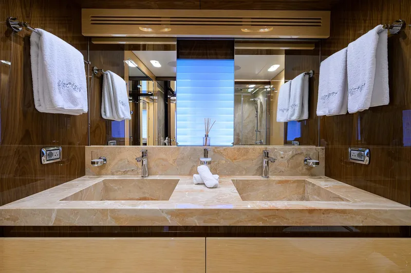 Uptight Yacht Photos Pics Luxurious bathroom with double sinks on Cantiere Delle Marche Darwin 106 yacht, 2022 model.
