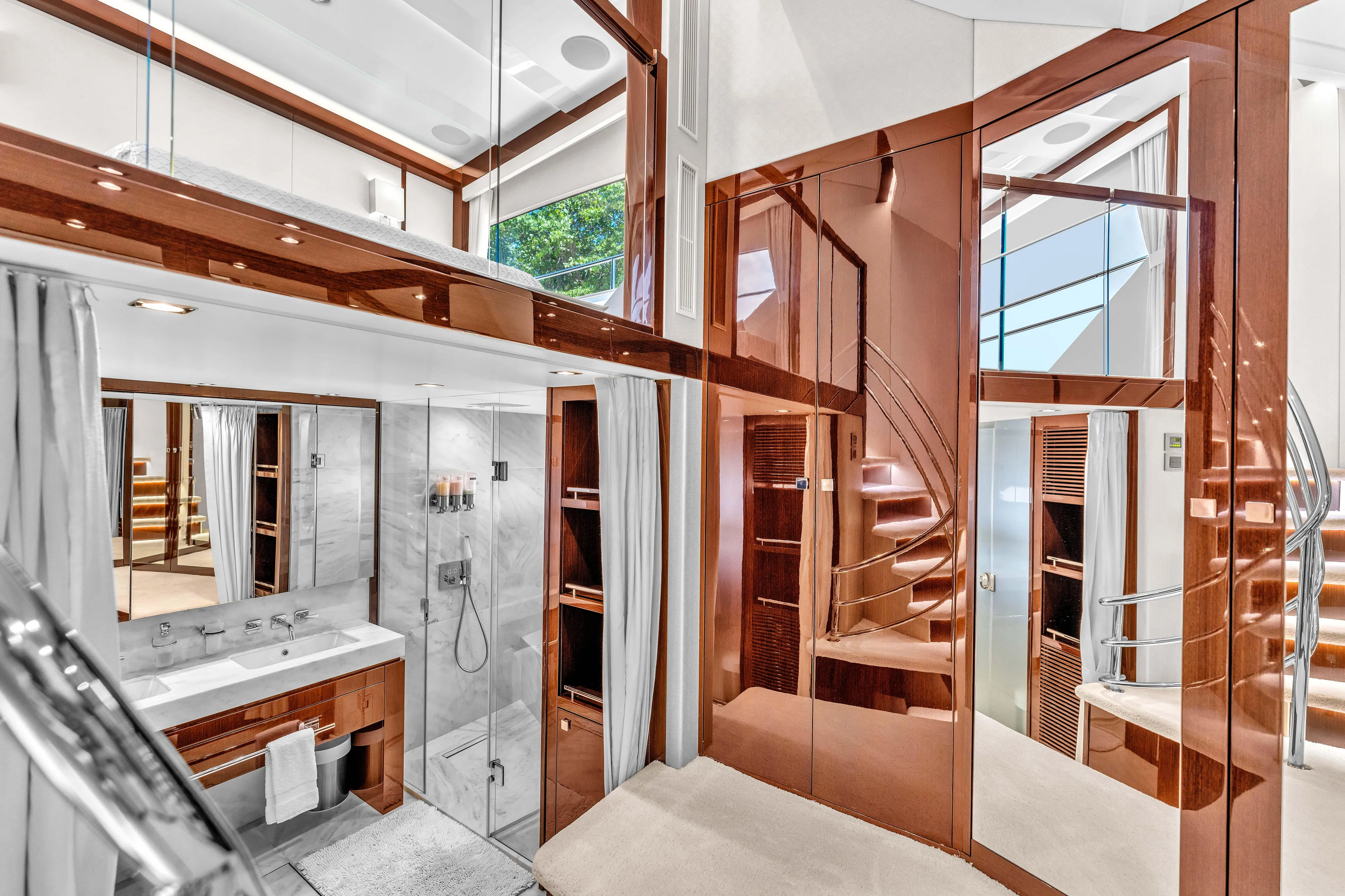 Karillian & Company Yacht Photos Pics Luxurious bathroom interior of 2018 Sunseeker 95 Yacht with modern design and elegant finishes.