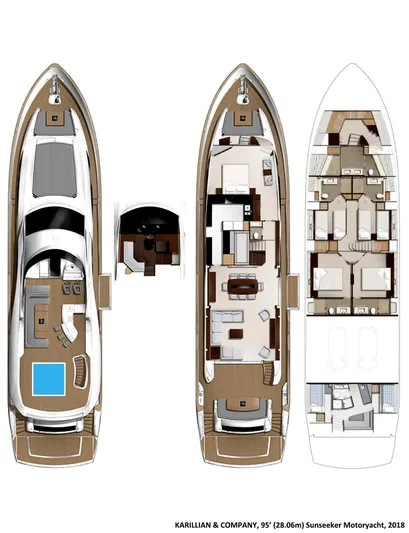 Karillian & Company Yacht Photos Pics Floor plan of 2018 Sunseeker 95 Yacht, showcasing luxurious interior and deck layout.