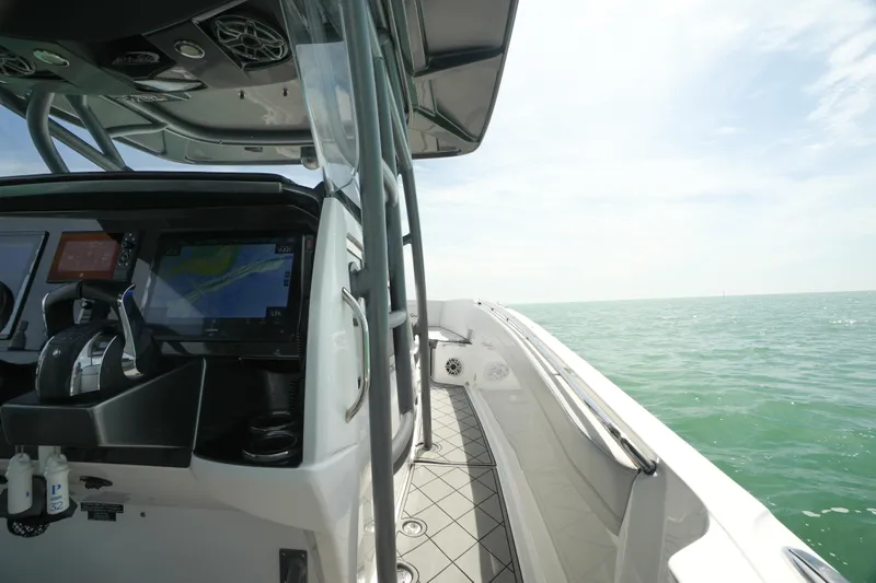 My Mermaid Yacht Photos Pics 2020 Nor-Tech 390 Sport Center Console on open water, featuring modern navigation equipment.