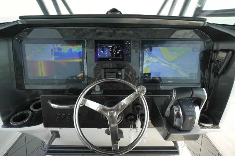 My Mermaid Yacht Photos Pics 2020 Nor-Tech 390 Sport Center Console dashboard with advanced navigation displays and controls.