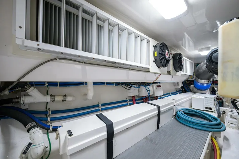 Pryorities Yacht Photos Pics Engine room of 2008 Viking 60 Convertible yacht with ventilation and wiring systems.