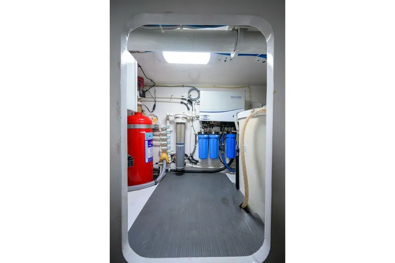 Pryorities Yacht Photos Pics Engine room of 2008 Viking 60 Convertible yacht with water filtration system.