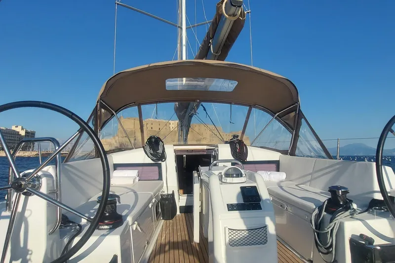 Ssy 01 Yacht Photos Pics Jeanneau Sun Odyssey 440 sailboat cockpit, 2021 model, with dual steering wheels and sunshade.