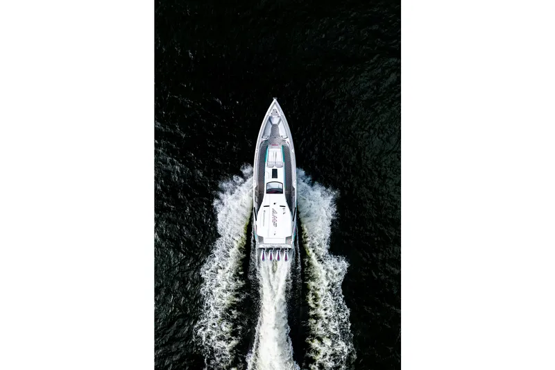  Yacht Photos Pics Aerial view of AMP 443 boat cruising on water, 2025 model.