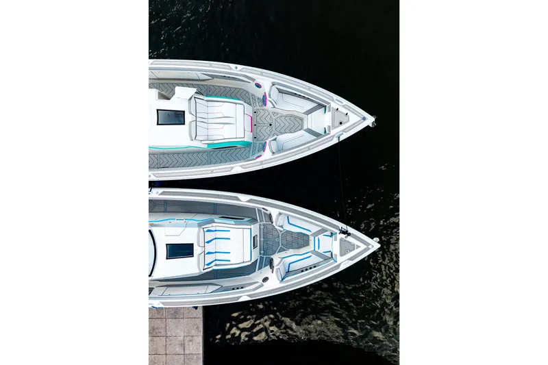  Yacht Photos Pics Top view of two AMP 443 boats, 2025 model, docked on calm water.