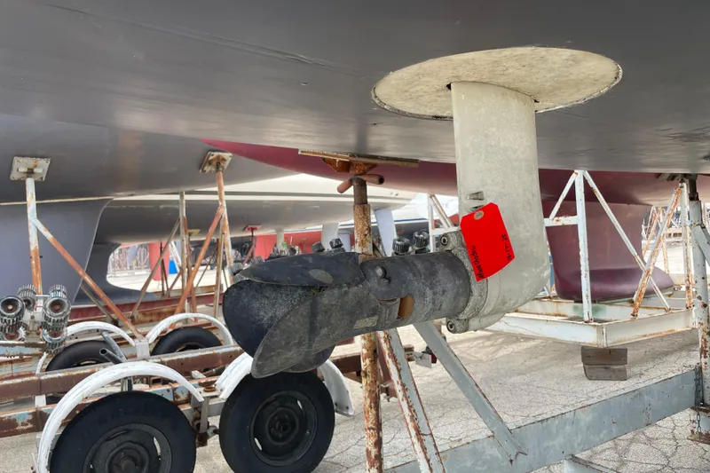 Moonshadow Yacht Photos Pics Beneteau Oceanis 38 (2016) sailboat hull and propeller on trailer.