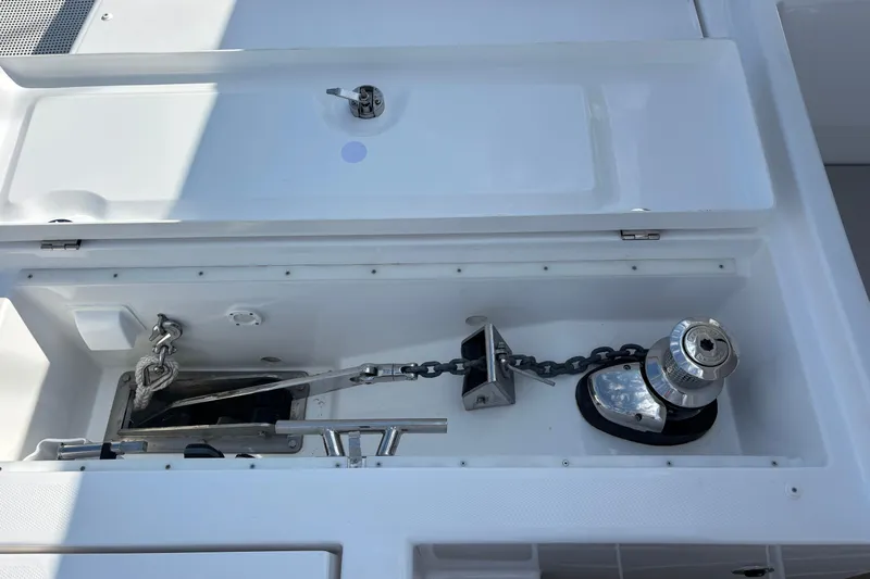 Faste Yacht Photos Pics Anchor locker of 2025 Leopard 52 yacht with chain and winch system.