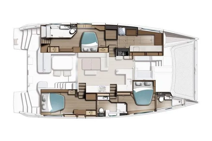 Faste Yacht Photos Pics Floor plan of 2025 Leopard 52 catamaran, showcasing spacious cabins and modern layout.