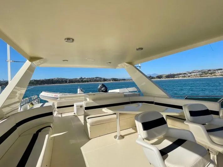  Yacht Photos Pics Luxurious 1989 Pilothouse West Bay yacht deck with seating, ocean view, and clear skies.