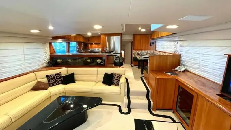 After Midnight Yacht Photos Pics Luxurious 1994 Knight & Carver Lux SF yacht interior with elegant seating and modern amenities.