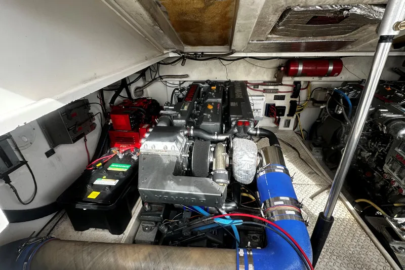 Miss Cissa Yacht Photos Pics Engine room of a 2003 Rampage 38 Express boat, showcasing mechanical components.