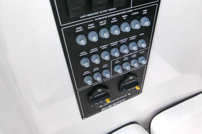  Yacht Photos Pics Control panel of 2026 Blackfin 262 HB boat with labeled switches and indicators.