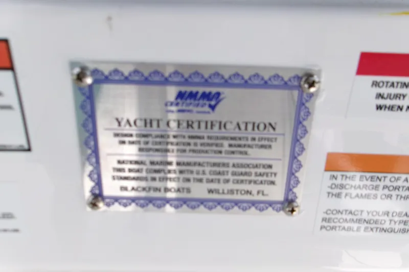  Yacht Photos Pics Yacht certification plaque on a 2026 Blackfin 262 HB boat, Williston, FL.