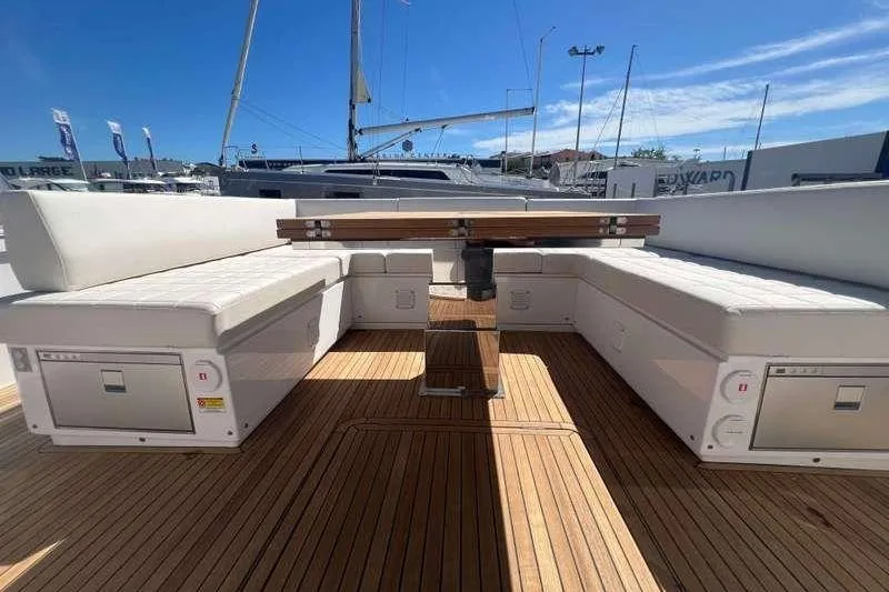Pardo 50 Yacht Photos Pics Luxurious 2023 Pardo 50 yacht deck with elegant seating and wooden flooring.