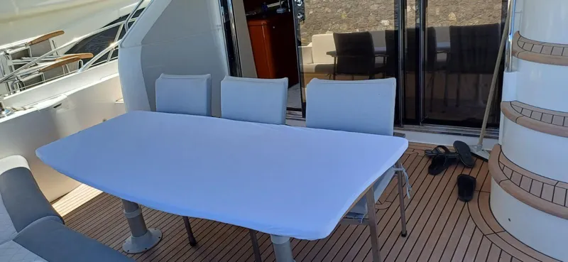  Yacht Photos Pics Outdoor dining area on 2006 Sunseeker Manhattan 60 yacht with table and chairs.