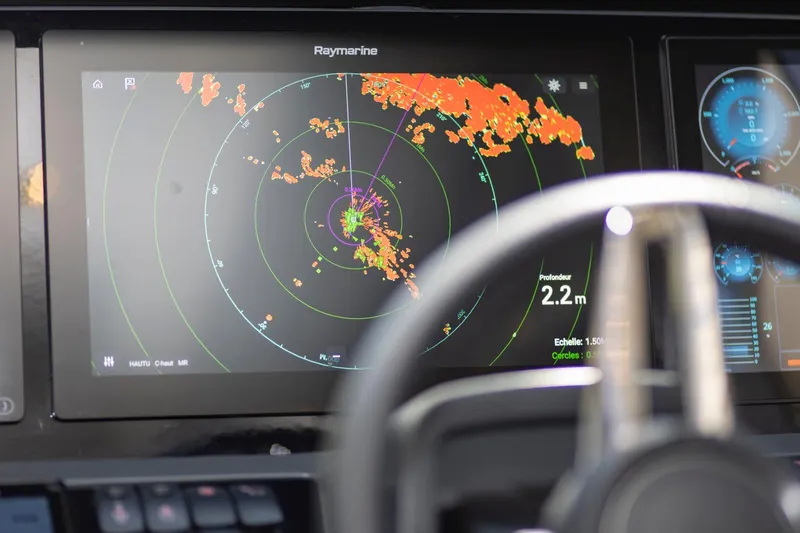  Yacht Photos Pics Radar display on 2022 Princess S66 yacht, showing navigation and depth information.