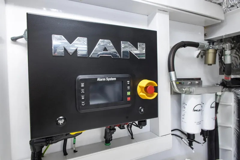  Yacht Photos Pics Engine control panel in a 2022 Princess S66 yacht, featuring MAN alarm system.