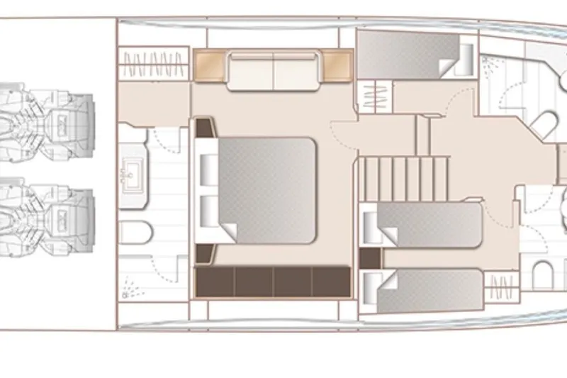  Yacht Photos Pics Floor plan of a 2022 Princess S66 yacht, showcasing cabin and engine layout.