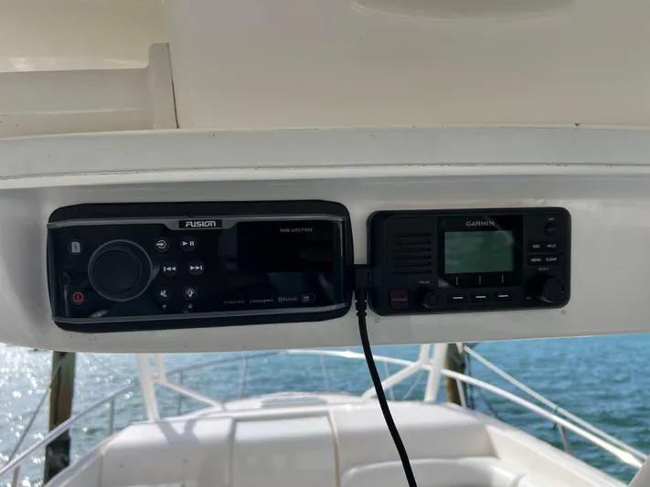  Yacht Photos Pics Fusion and Garmin marine electronics on 2014 Everglades 350LX boat dashboard.