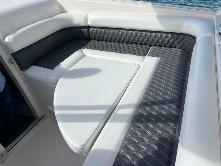  Yacht Photos Pics Luxurious seating on 2014 Everglades 350LX boat with quilted upholstery.