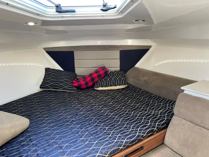  Yacht Photos Pics Cozy cabin interior of 2014 Everglades 350LX boat with comfortable bedding.