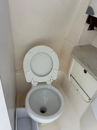  Yacht Photos Pics 2014 Everglades 350LX boat bathroom with toilet and storage cabinet.