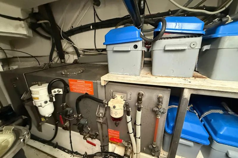  Yacht Photos Pics Engine room of 2016 Azimut Atlantis 43 yacht with batteries and fuel system components.