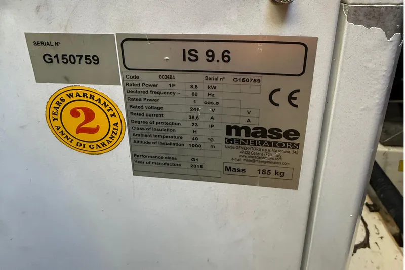  Yacht Photos Pics Azimut Atlantis 43 generator label, Mase IS 9.6, 2016, 2-year warranty sticker.