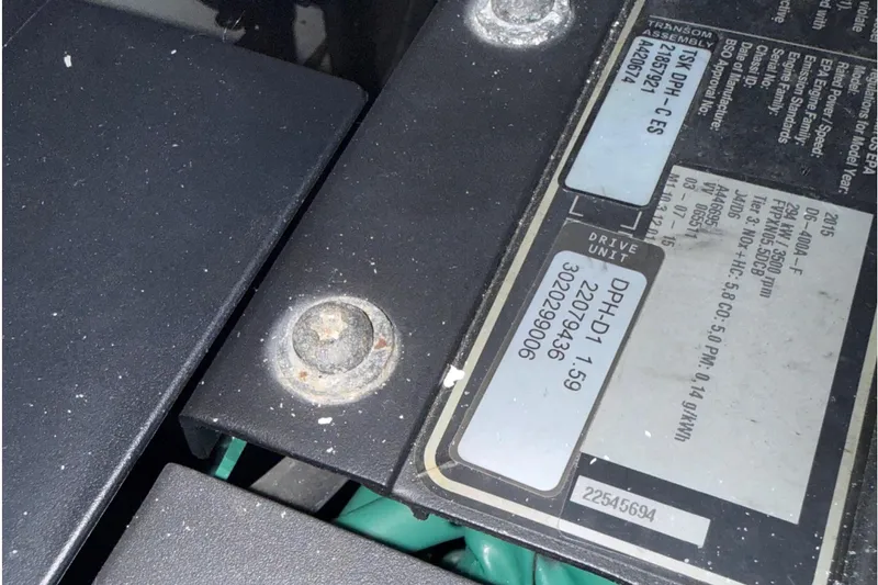  Yacht Photos Pics Close-up of a 2016 Azimut Atlantis 43 engine label and bolt detail.