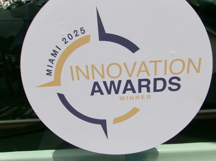  Yacht Photos Pics Miami 2025 Innovation Awards Winner logo on Monterey Elite 27 OB boat.