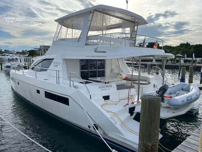 Nerdvana Yacht Photos Pics 2019 Leopard 51 Powercat yacht docked at marina.