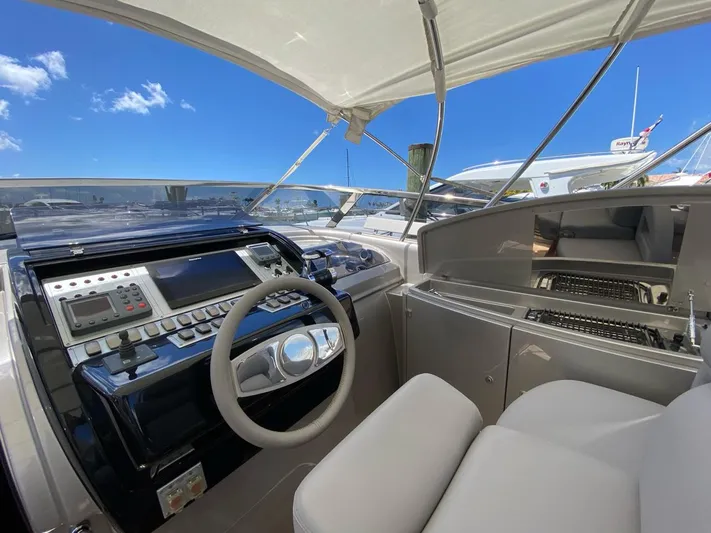  Yacht Photos Pics Helm of 2006 Riva RAMA 44' yacht with modern controls and seating.