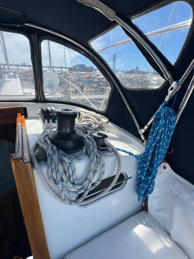 Mast Transit Yacht Photos Pics Interior view of 1983 Hinckley Sou'wester 42 sailboat with ropes and winch.