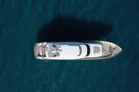 Aerial view of 2009 Maiora 31 yacht on deep blue water.