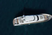 Aerial view of 2009 Maiora 31 yacht on deep blue water.