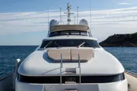 Luxury Maiora 31 yacht, 2009 model, cruising on serene blue waters.