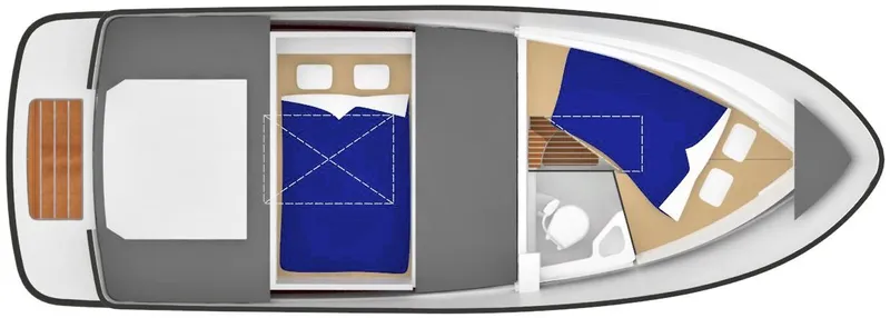  Yacht Photos Pics Top view layout of 2021 Sargo 25 boat interior with sleeping quarters.