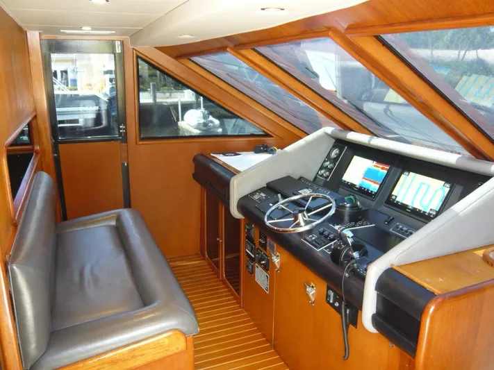 Vitamin Sea Yacht Photos Pics 1990 Viking Cockpit Motor Yacht interior with navigation controls and seating area.