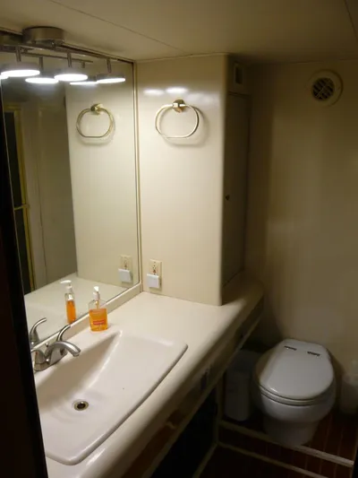 Vitamin Sea Yacht Photos Pics Bathroom interior of a 1990 Viking Cockpit Motor Yacht with sink and toilet.