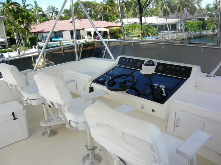 Vitamin Sea Yacht Photos Pics 1990 Viking Cockpit Motor Yacht helm with white seating and control panel.