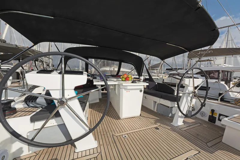  Yacht Photos Pics Beneteau Oceanis 46.1 yacht cockpit, dual steering wheels, teak deck, 2020 model.