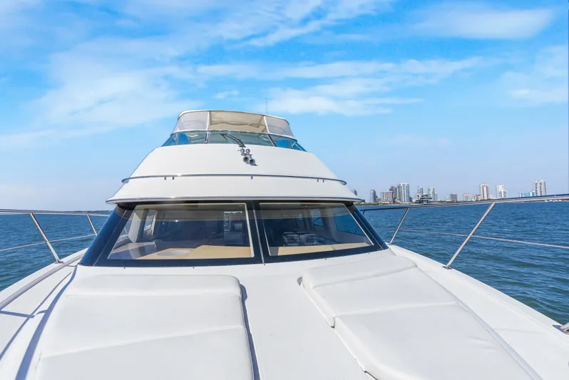 Lemonade Yacht Photos Pics 2001 Carver 466 Motor Yacht cruising on open water with city skyline in background.
