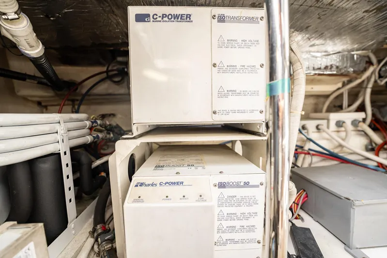 Sound Traveler Yacht Photos Pics Electrical components in a 2005 Carver 56 Voyager, featuring C-Power marine isolation transformer.
