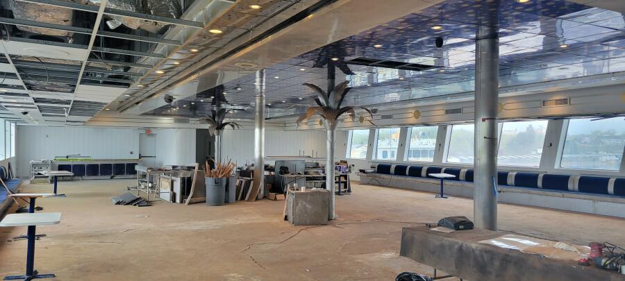 Spacious interior of 1981 Custom Victory 11 ship, under renovation with modern design elements.