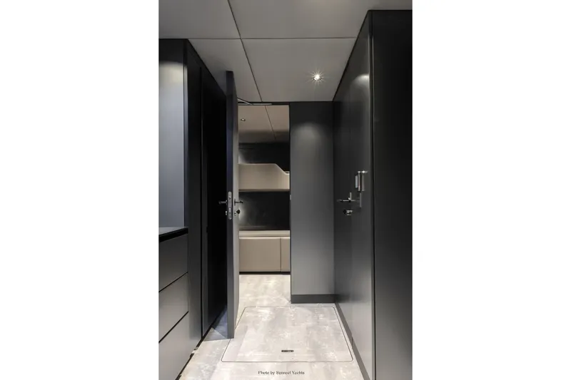 Shades Of Grey Yacht Photos Pics Modern interior of 2024 Sunreef 80 sailing yacht with sleek design and minimalist decor.