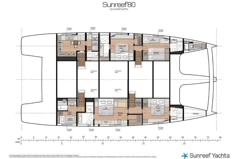 Shades Of Grey Yacht Photos Pics Floor plan of 2024 Sunreef 80 Sailing yacht, showcasing cabin and technical areas.